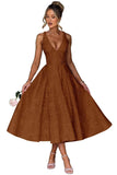 V Neck Tea Length Prom Dress for Women Satin Evening Party Gown A Line Cocktail Dress