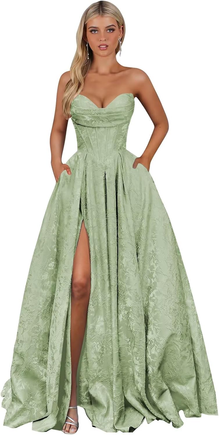 Strapless Jacquard Satin Prom Dresses for Women Corset A Line Long Formal Evening Party Gowns with Slit