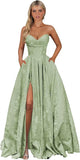 Strapless Jacquard Satin Prom Dresses for Women Corset A Line Long Formal Evening Party Gowns with Slit