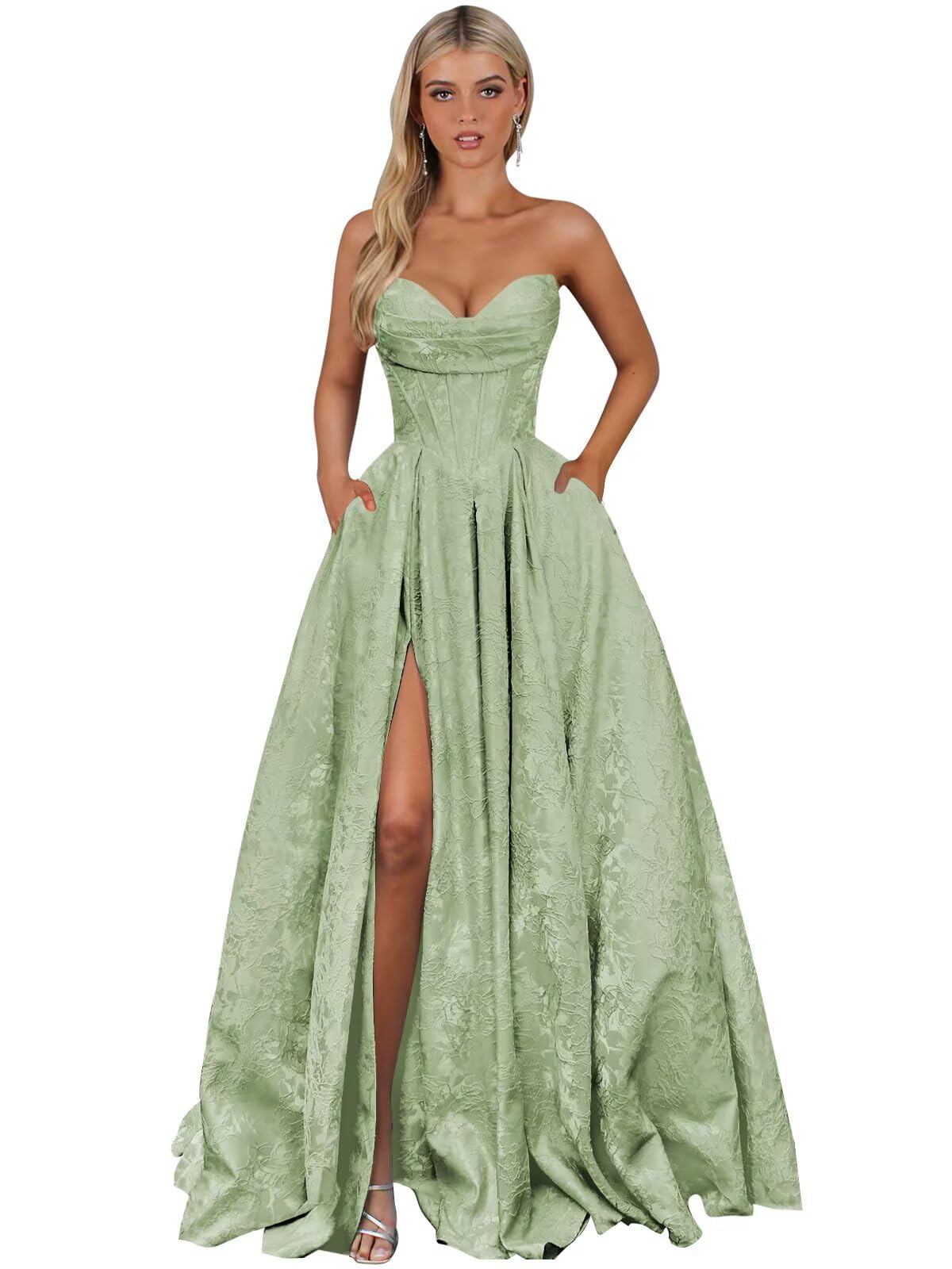 Strapless Jacquard Satin Prom Dresses for Women Corset A Line Long Formal Evening Party Gowns with Slit