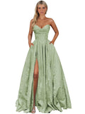 Strapless Jacquard Satin Prom Dresses for Women Corset A Line Long Formal Evening Party Gowns with Slit