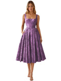 Floral Jacquard Satin Prom Dresses for Women Tea Length Formal Evening Party Dress with Pockets