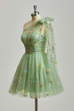 One Shoulder Homecoming Dresses for Teens Flower Embroidery Tulle Short Prom Dress A-Line Formal Party Ball Gowns