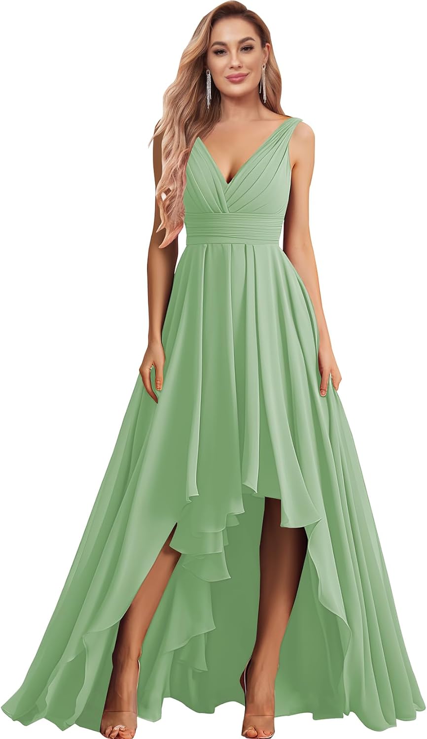 Vestidos de dama de honor con escote en V para mujer, para boda, con bolsillos, de gasa fruncida, largos, formales, para fiesta de graduación y noche.