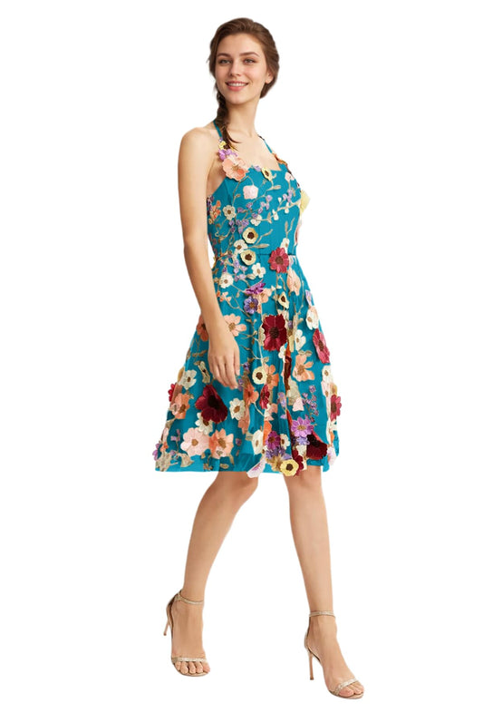 3D Floral Embroidery Prom Dresses for Women Knee Length Halter Flower Applique Tulle Semi-Formal Gown Evening Dresses