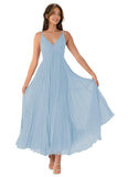 V-Neck Pleated Bridesmaid Dresses for Women Chiffon Spaghetti Straps Pleates Long Formal Wedding Guest Dress