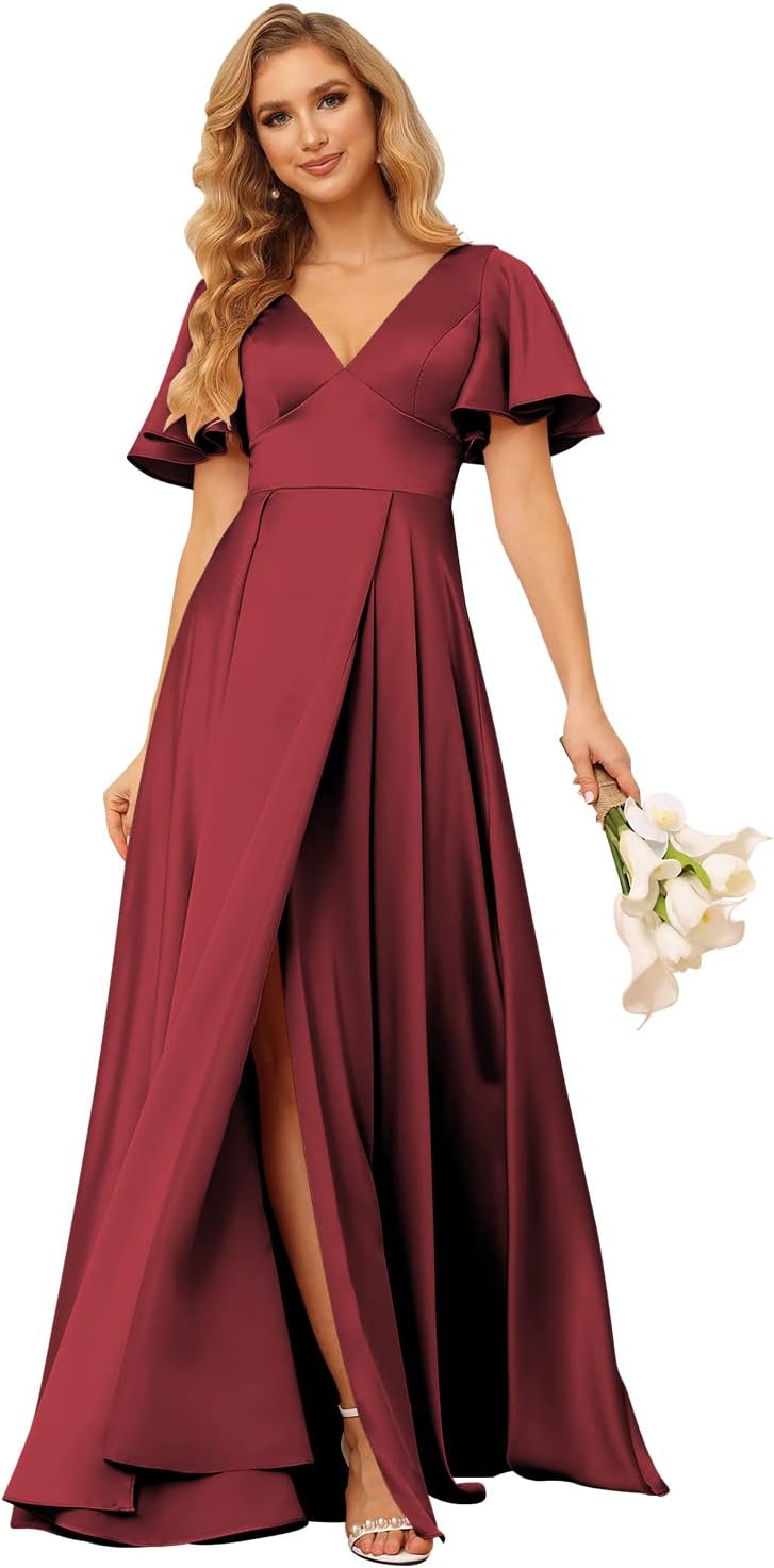 Women's V Neck Ruffle Sleeves Bridesmaid Dresses with Slit 2025 Satin A-Line Formal Evening Gowns