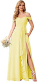 Damen Schulterfreies Brautjungfernkleid Lang mit Schlitz Chiffon Rüschen Falten Formales Partykleid 