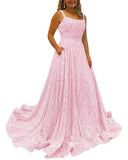 Kingbridal Gowns Spaghetti Straps Prom Dresses Long for Women 2026 A Line Sequin Satin Formal Evening Party Ball Gowns with Slit