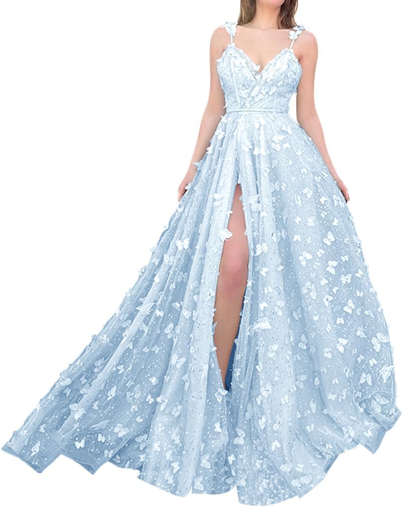 Sparkly Prom Dresses for Teens 2027 3D Butterfly Tulle Spaghetti Straps Long Slit Backless Party Gowns