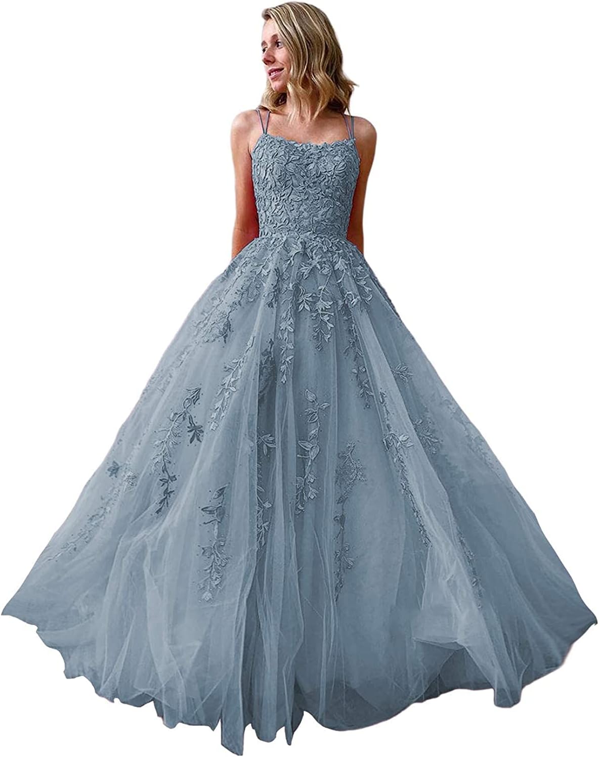 Ballkleider, langes Ballkleid für Damen, Spaghettiträger, Tüll, A-Linie, sexy, rückenfrei, formelle Partykleider mit Taschen 