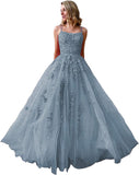 Ballkleider, langes Ballkleid für Damen, Spaghettiträger, Tüll, A-Linie, sexy, rückenfrei, formelle Partykleider mit Taschen 
