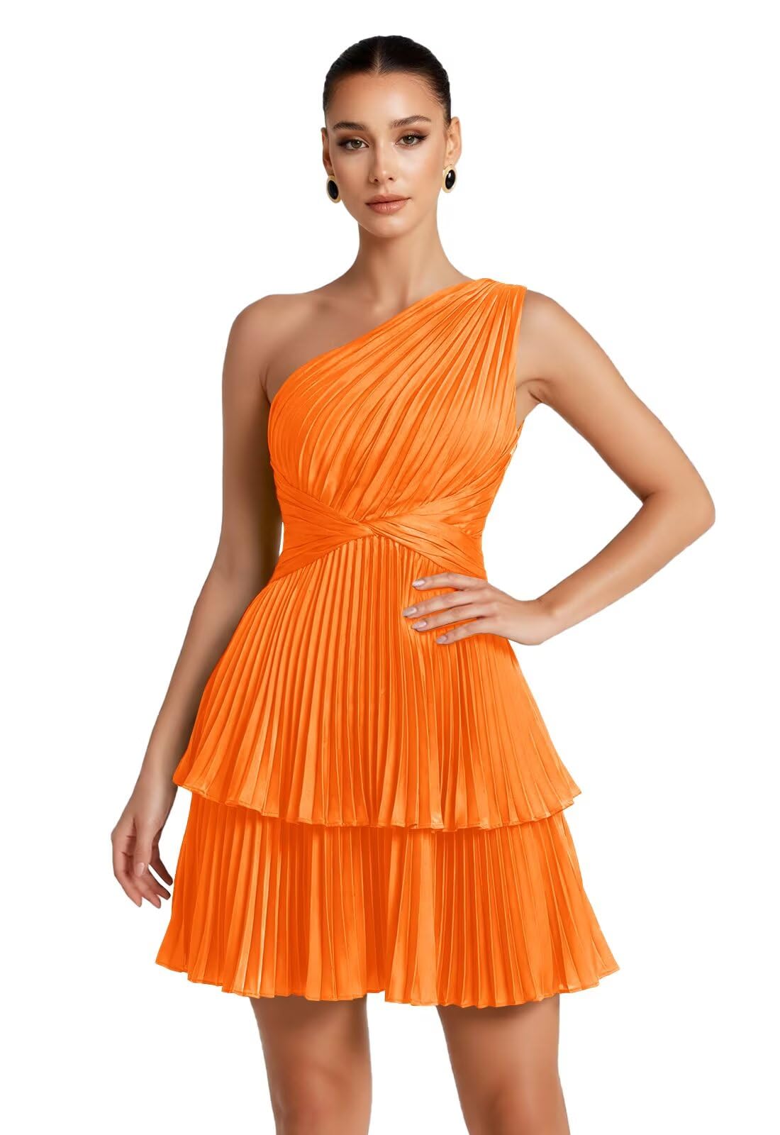 One Shoulder Satin Homecoming Dresses for Teens 2026 Short A-line Prom Dress Pleated Tiered Cocktail Party Gowns