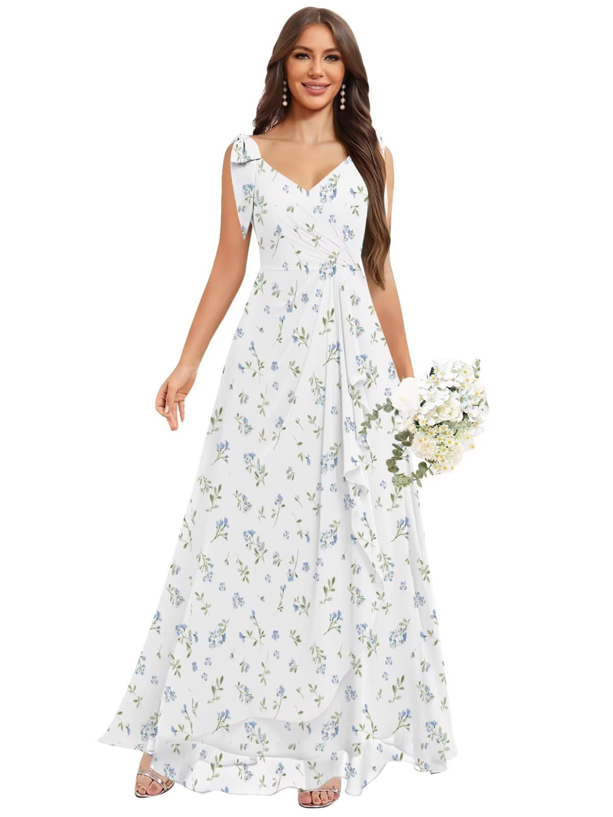 Chiffon Bridesmaid Dresses for Women Ruffles V Neck Flowy Long Formal Evening Dress with Bow