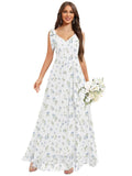 Chiffon Bridesmaid Dresses for Women Ruffles V Neck Flowy Long Formal Evening Dress with Bow