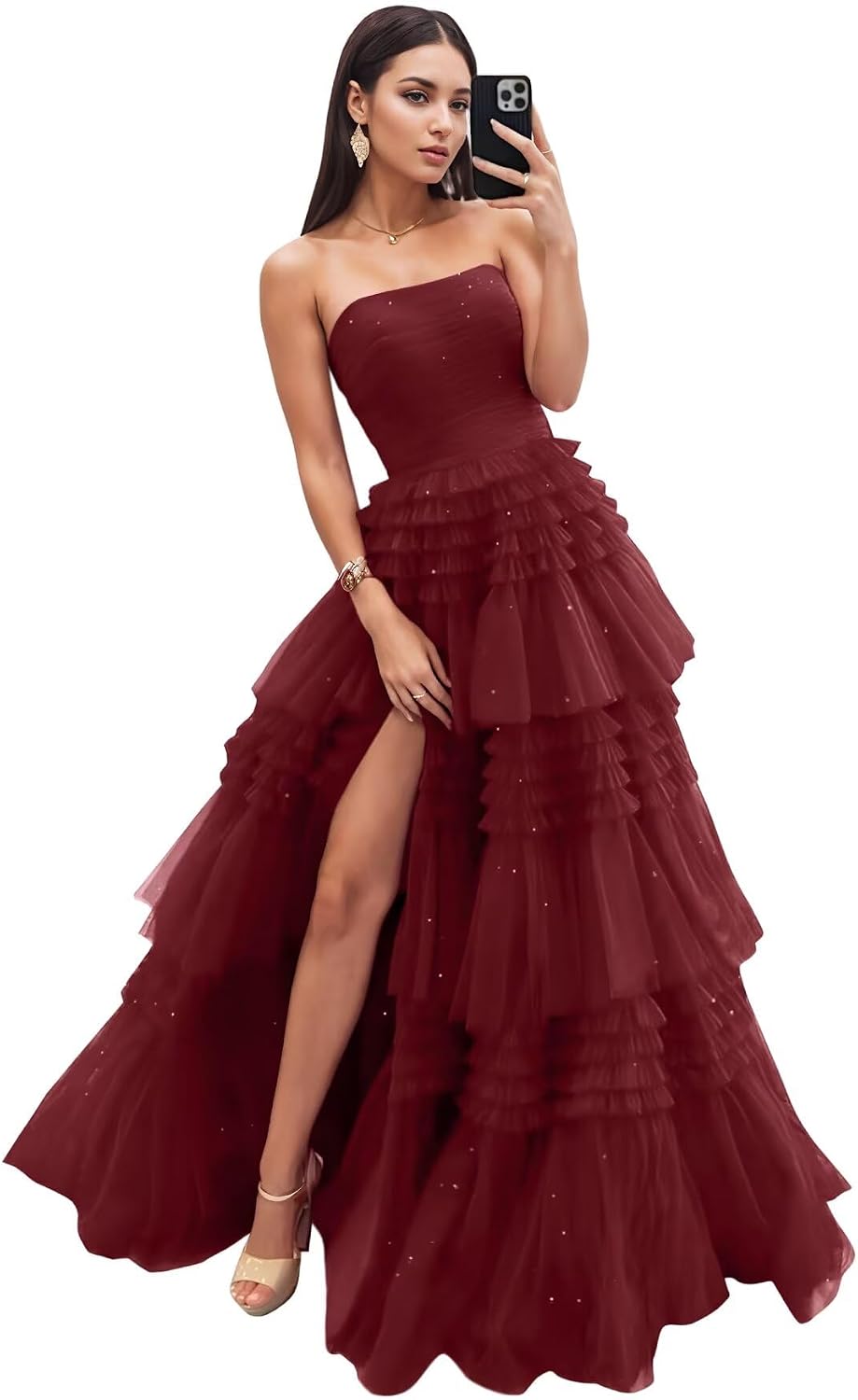Strapless Tiered Tulle Prom Dresses for Women 2027 Long Sparkly A-Line Formal Evening Party Ball Gowns with Slit