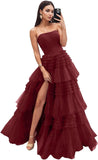 Strapless Tiered Tulle Prom Dresses for Women 2027 Long Sparkly A-Line Formal Evening Party Ball Gowns with Slit