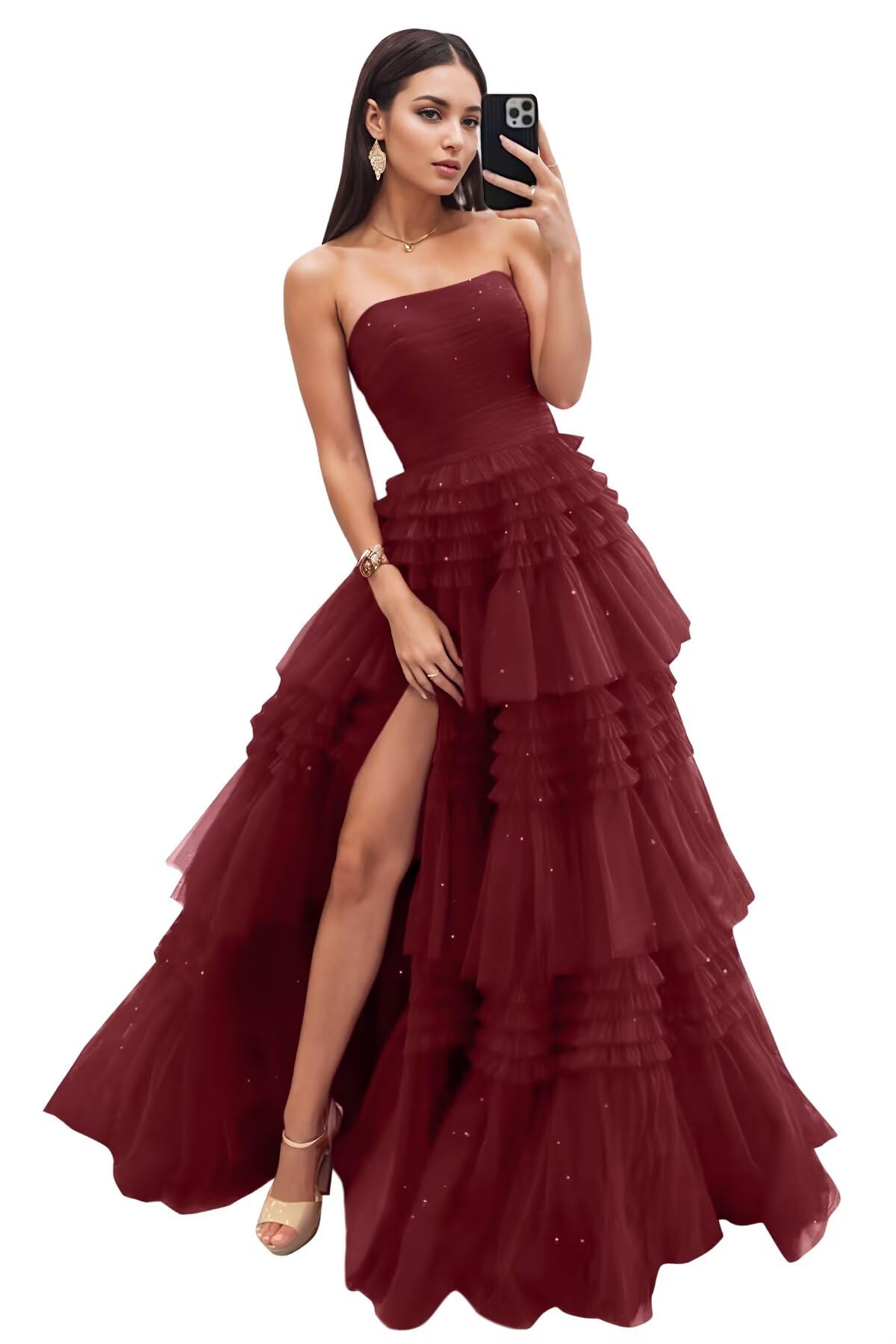 Strapless Tiered Tulle Prom Dresses for Women 2027 Long Sparkly A-Line Formal Evening Party Ball Gowns with Slit