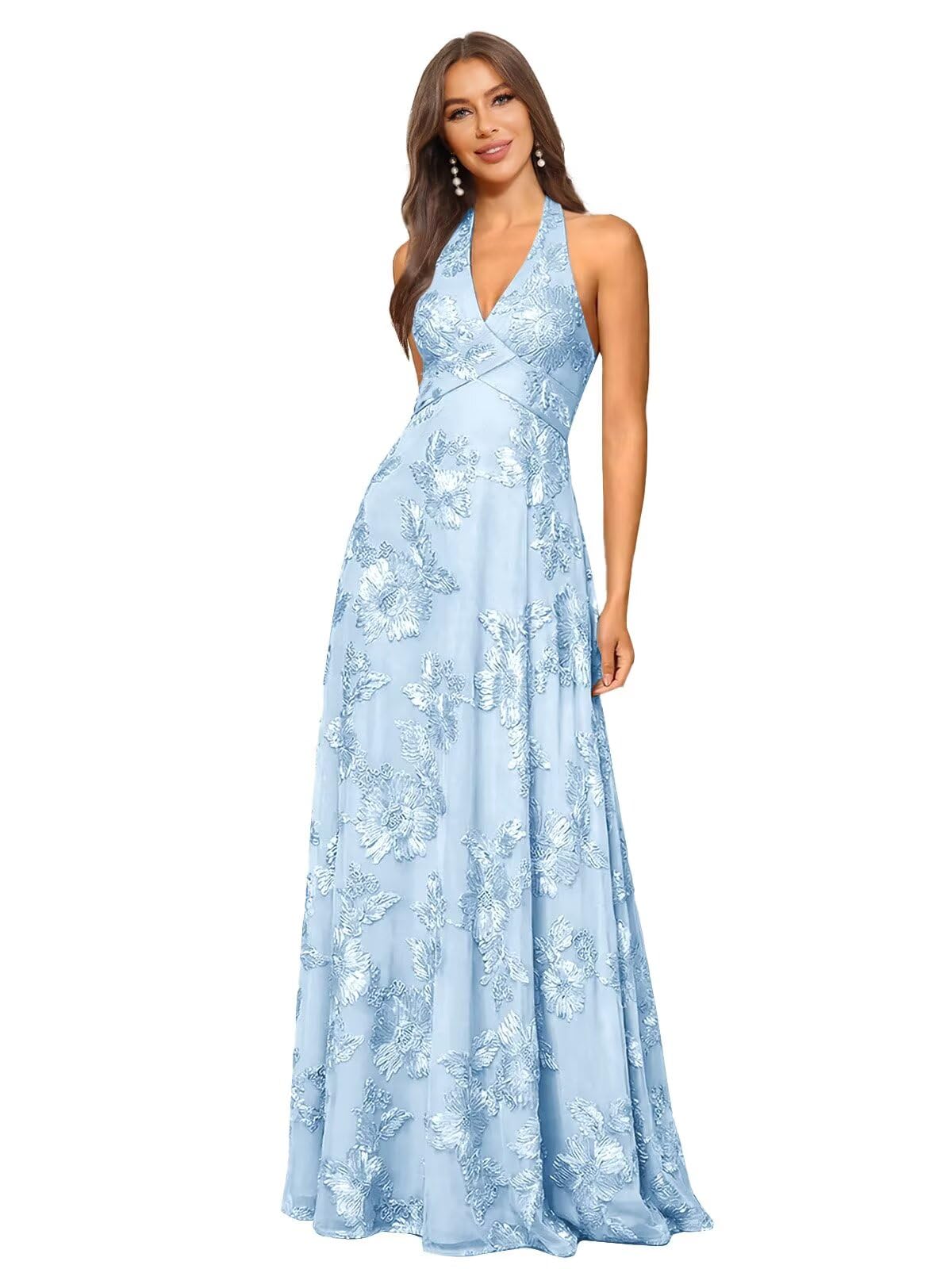 Jacquard Floral Lace Bridesmaid Dresses for Women Long A-Line Open Back Halter Formal Gown