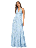 Jacquard Floral Lace Bridesmaid Dresses for Women Long A-Line Open Back Halter Formal Gown