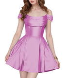 Satin Homecoming Dresses Short Wedding Dresses 2026 Off Shoulder Prom Dress with Pockets A Line Formal Party Gown