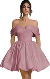 Off Shoulder Satin Homecoming Dresses Teens Short Bubble Dress A Line Mini Cocktail Party Gown