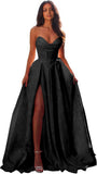 Jacquard Satin Prom Dresses with Slit Strapless Corset A Line Long Formal Evening Gowns