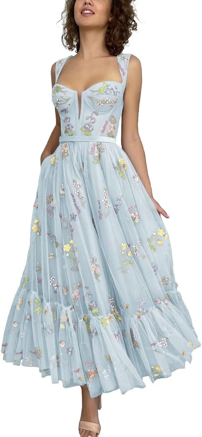 Vestidos de tul con bordado floral para mujer 2024, vestidos formales de fiesta de noche 