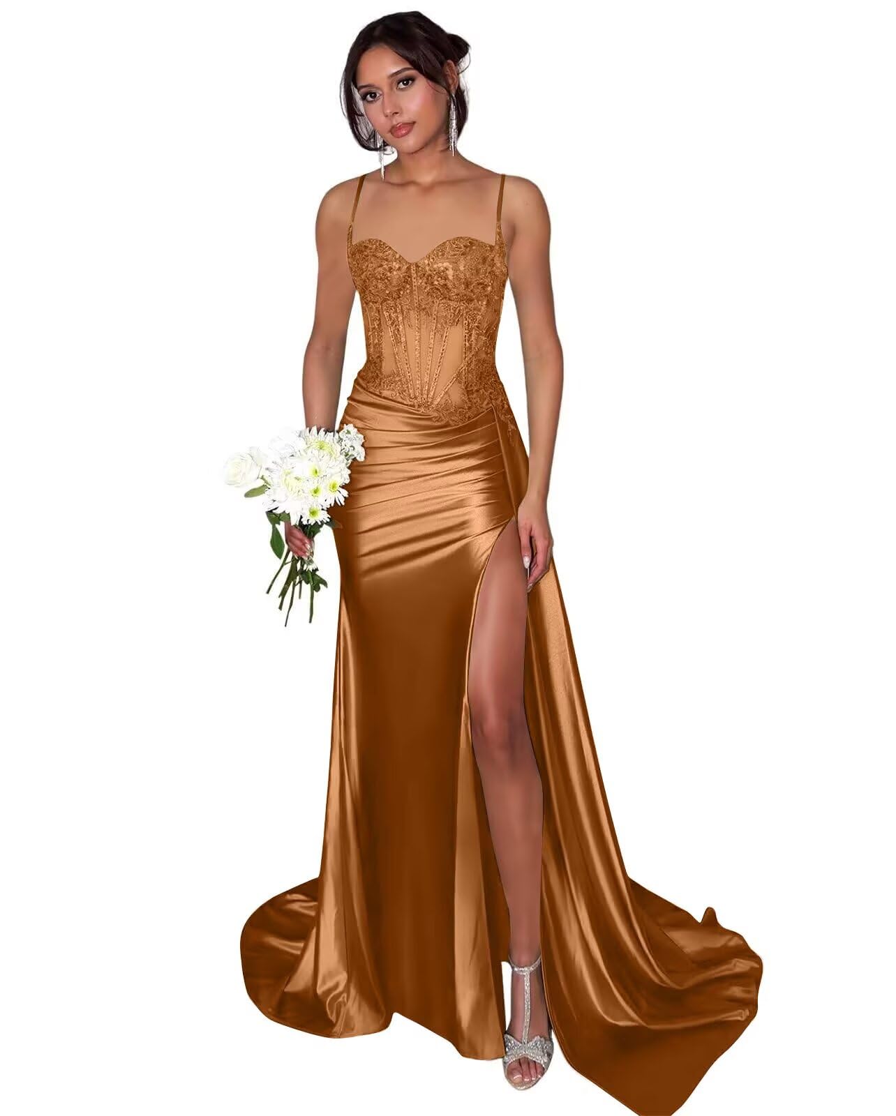 Lace Satin Prom Dresses for Women 2026 Long Mermaid Spaghetti Straps Corset Formal Evening Party Dress with Slit