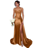 Lace Satin Prom Dresses for Women 2026 Long Mermaid Spaghetti Straps Corset Formal Evening Party Dress with Slit
