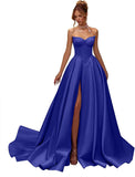Kingbridal Gowns Strapless Prom Dresses for Women 2026 Long Satin A-line Formal Dress with Slit Beaded Corset Evening Party Gowns