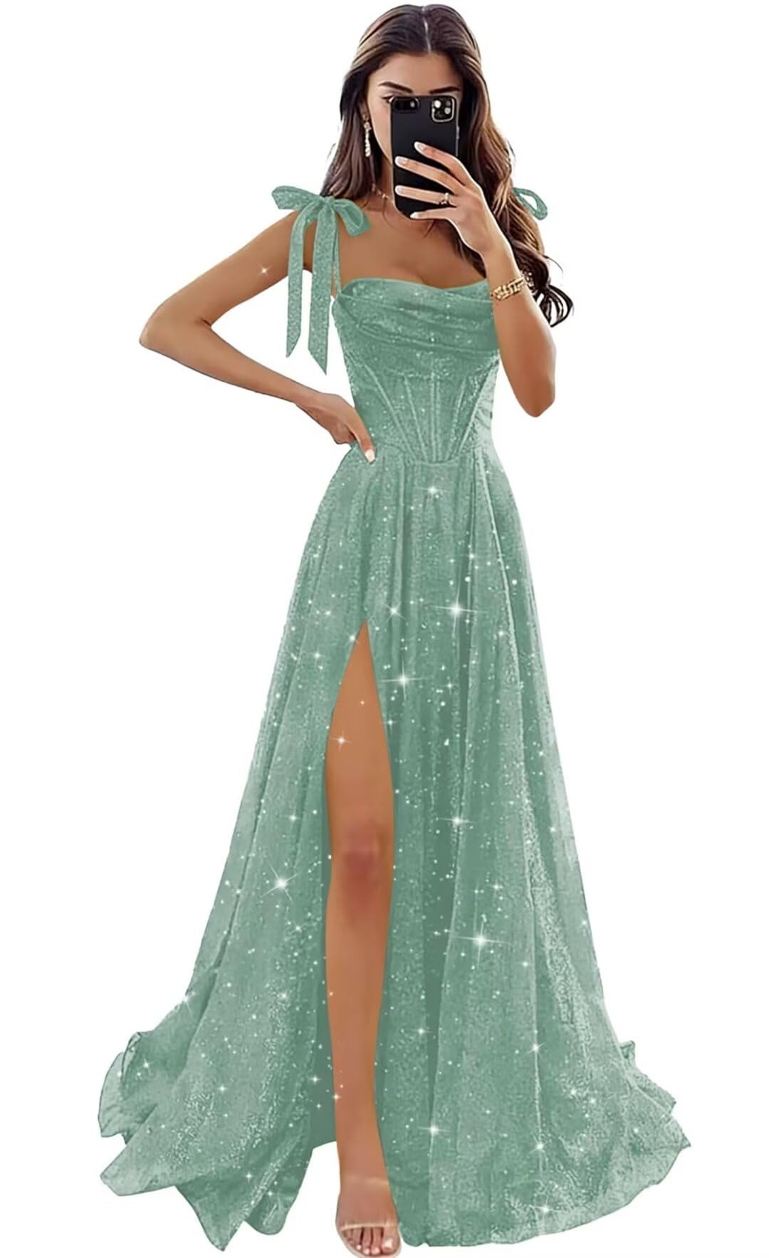 Tulle Prom Dresses with Slit Spaghetti Straps A Line Maxi Long Formal Dress
