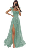 Tulle Prom Dresses with Slit Spaghetti Straps A Line Maxi Long Formal Dress