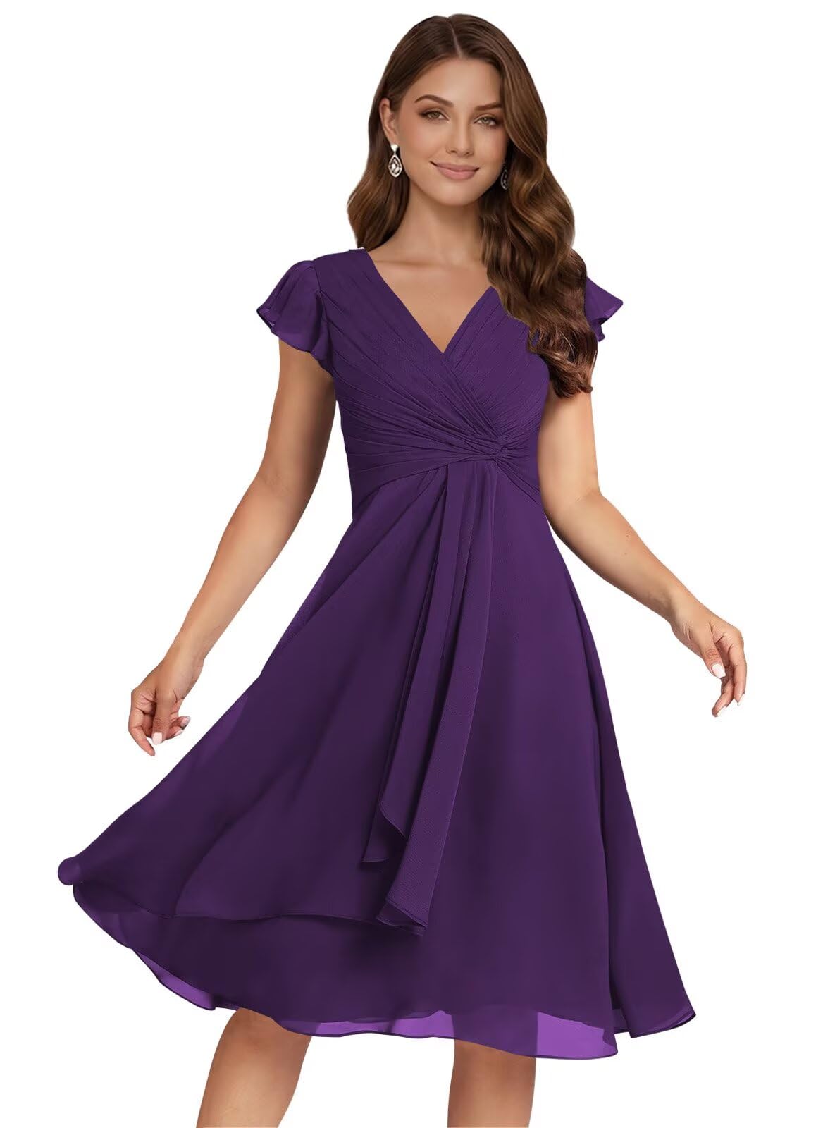 Short Chiffon Bridesmaid Dresses for Women V Neck Flutter Sleeves Ruffle Formal Cocktail Gowns with Pockets