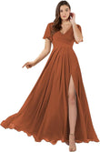 Damen Brautjungfernkleider mit Flatterärmeln, lang, mit Schlitz, V-Ausschnitt, Chiffon, formelle Kleider 
