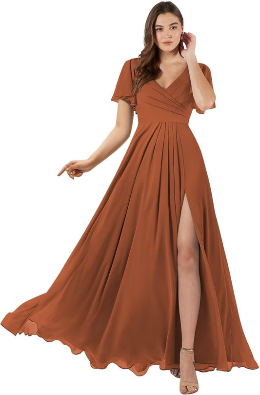 Women's Flutter Sleeve Bridesmaid Dresses Long with Slit V Neck Chiffon Formal Dresses
