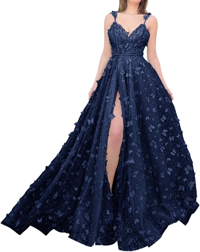 Sparkly Prom Dresses for Teens 2027 3D Butterfly Tulle Spaghetti Straps Long Slit Backless Party Gowns