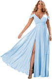 Schulterfreie Brautjungfernkleider 2025 für Frauen, langes Chiffon-Abendkleid mit V-Ausschnitt und Schlitz
