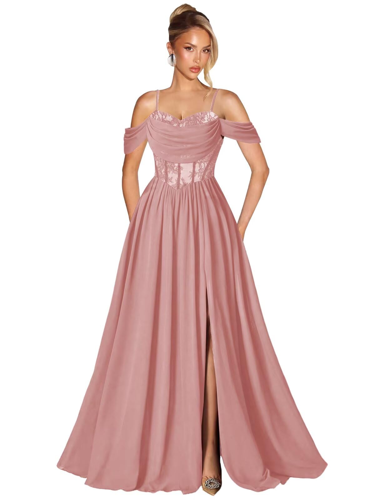 Off Shoulder Lace Applique Prom Dress with Slit A Line Ball Gown Pleated Corset Long Formal Evening Dresses