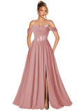 Off Shoulder Lace Applique Prom Dress with Slit A Line Ball Gown Pleated Corset Long Formal Evening Dresses