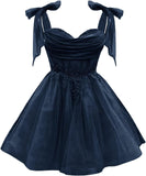 Tulle Short Homecoming Dress for Teens Sparkly Lace DAMA Dresses for Quinceanera Spaghetti Straps Bow Prom Gown