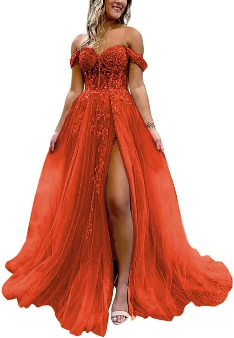 Off The Shoulder Tulle Prom Dress with Laces Applique A-line Slit Long Ball Gowns Glitter Formal Evening Dress