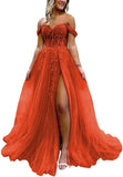 Off The Shoulder Tulle Prom Dress with Laces Applique A-line Slit Long Ball Gowns Glitter Formal Evening Dress