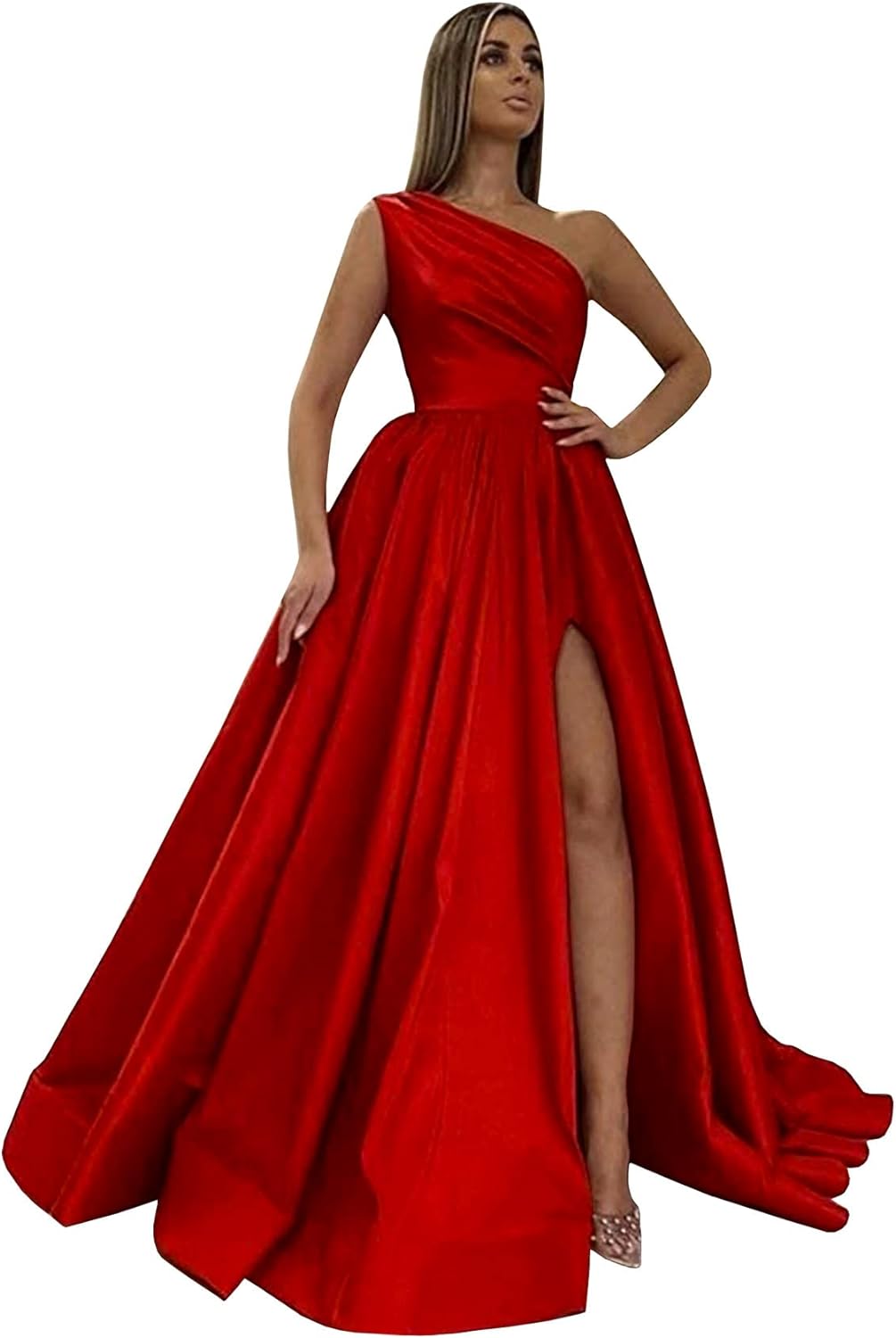 Women's One Shoulder Prom Dresses 2026 Long Slit Satin Formal Evening Gowns with Pockets
