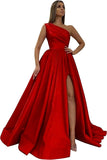 Women's One Shoulder Prom Dresses 2026 Long Slit Satin Formal Evening Gowns with Pockets