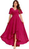 Women's Flutter Sleeve Bridesmaid Dresses with Pockets High Low Formal Dress