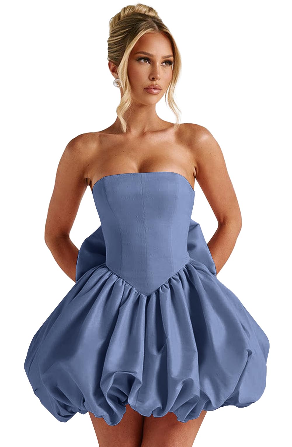 Satin Flower Bud Homecoming Dress Short Prom Dress with Bow Strapless A Line Mini Cocktail Party Gown