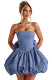 Satin Flower Bud Homecoming Dress Short Prom Dress with Bow Strapless A Line Mini Cocktail Party Gown