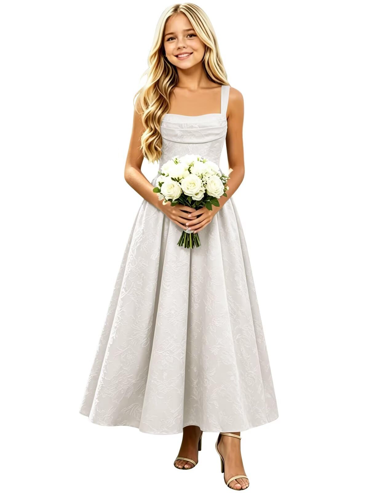 Floral Satin Jacquard Junior Bridesmaid Dresses Long Ruched Flower Girl Dress for Wedding