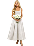 Girls Floral Satin Jacquard Junior Bridesmaid Dresses Long Ruched Flower Girl Dress for Wedding